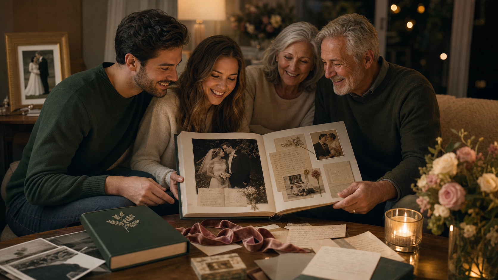 A couple and relatives reviewing an anniversary legacy book with letters and wedding photos