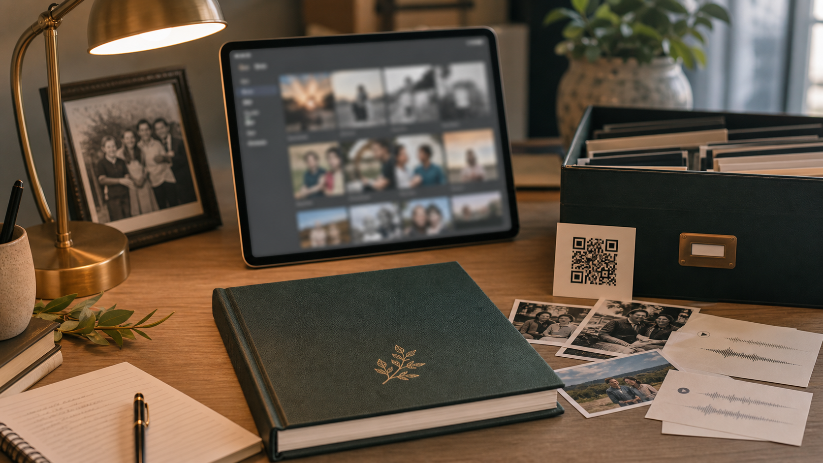 A legacy book, tablet, QR code card, voice notes, and printed family photos on a desk