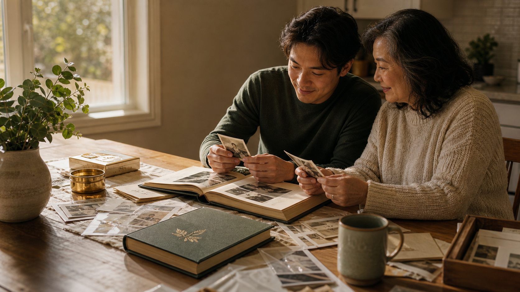 Family photos and an open hardcover memory book on a warm kitchen table