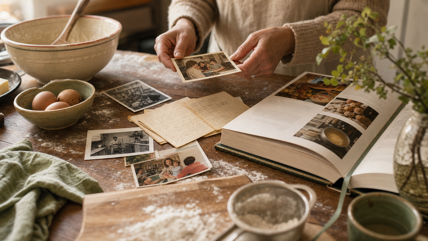Recipe cards, kitchen photos, and an open legacy book on a warm kitchen counter