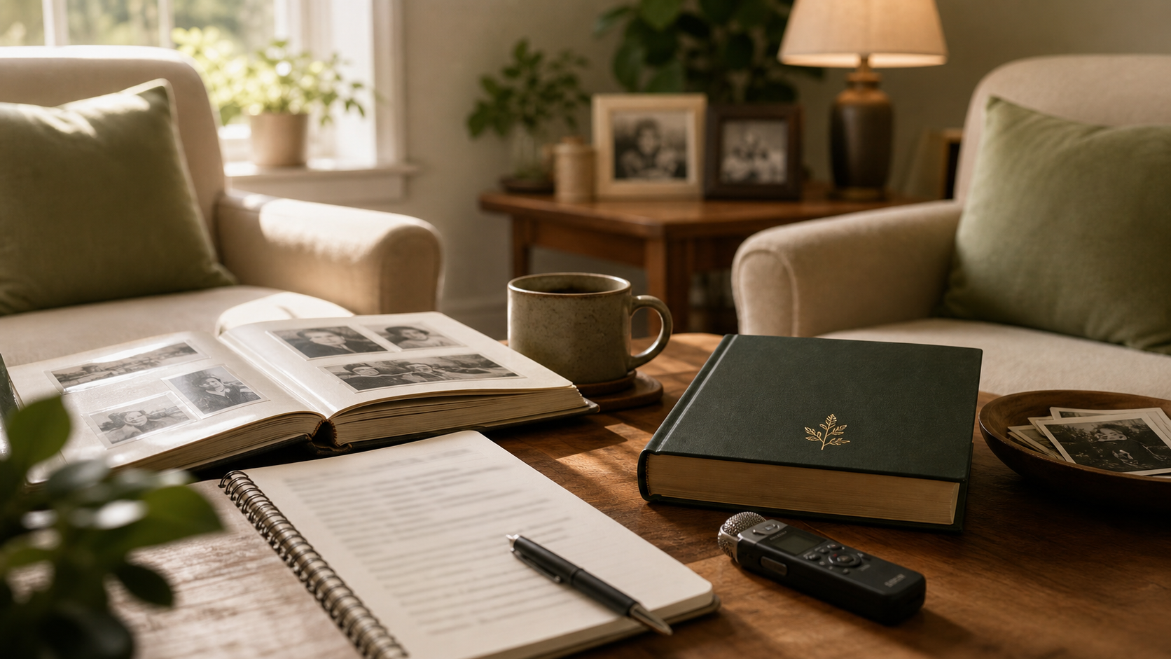 A notebook, photo albums, recorder, and legacy book arranged for a family interview