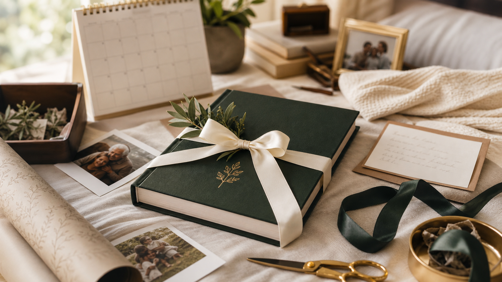 A wrapped hardcover legacy book with family photos and ribbon on a bright table