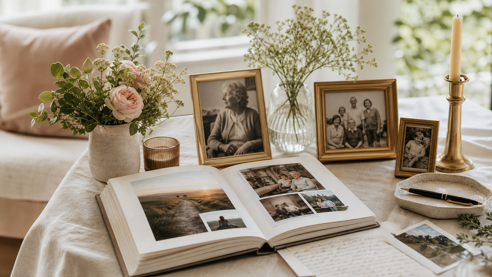 A peaceful memorial table with flowers, family photos, and an open legacy book