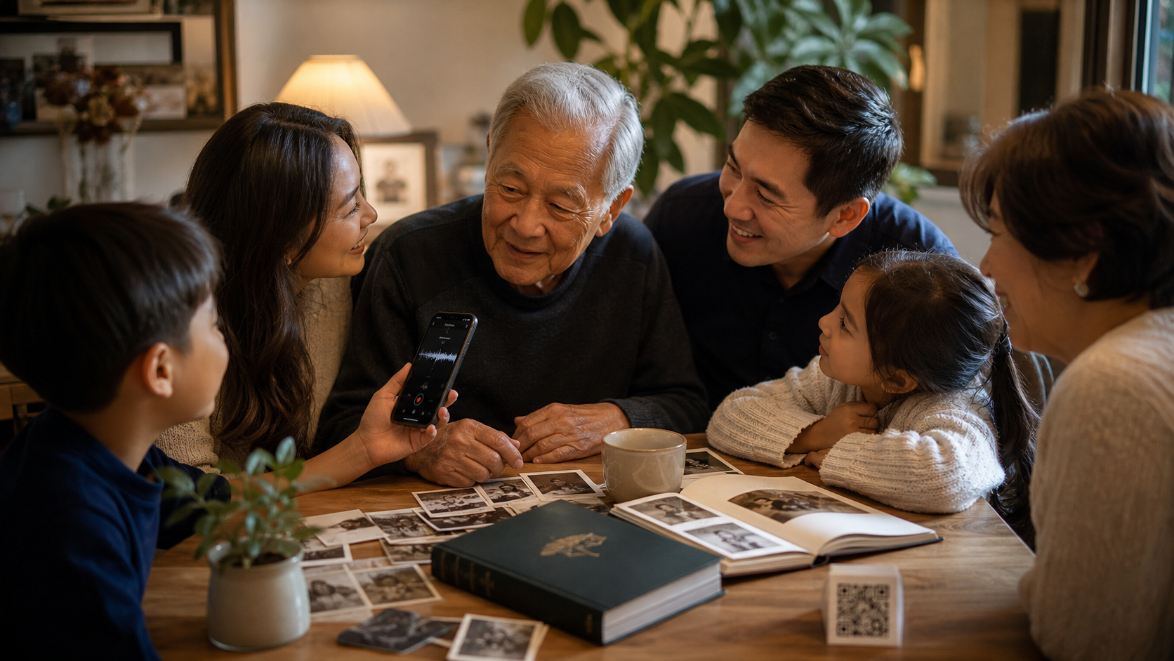 A family recording an elder's voice story beside old photos and a legacy book