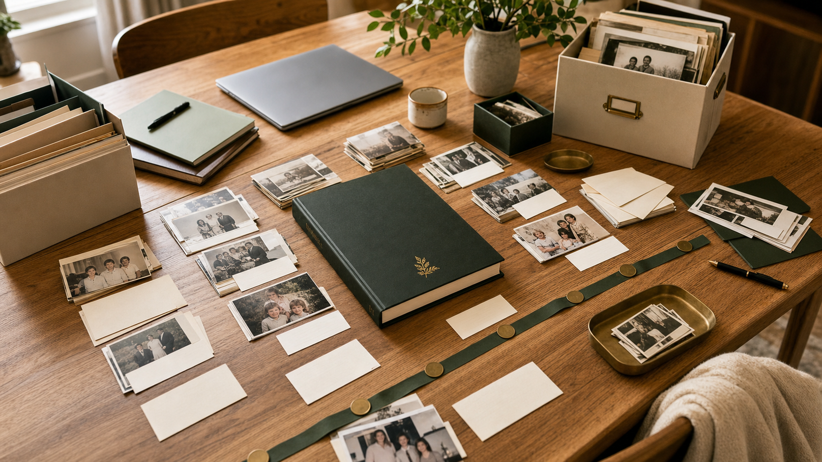 Organized family photos, blank cards, and a hardcover legacy book on a dining table