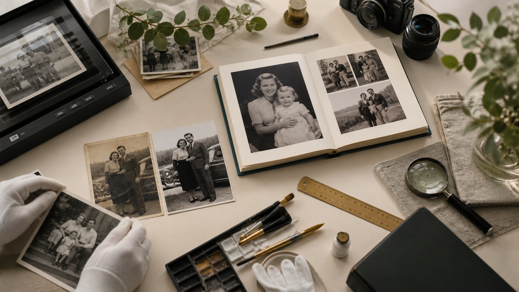 Restored family photos, archival gloves, and a hardcover book on a clean studio table