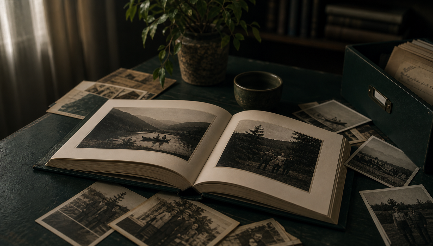A designed Loresta book spread with family photographs and story notes